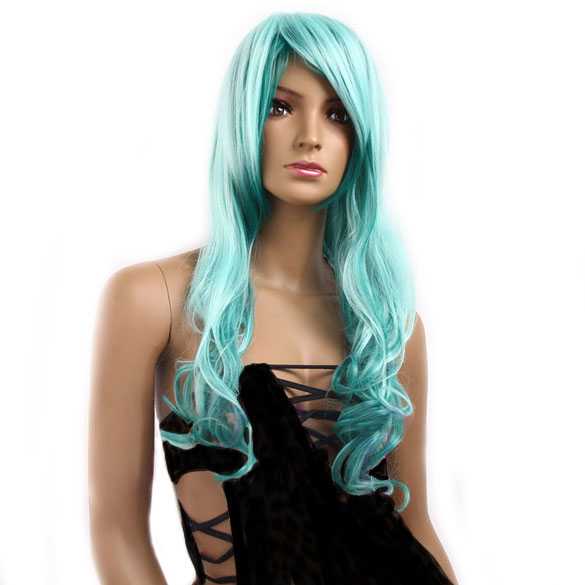 Pruik met lang haar en krullen aquablauw turquoise