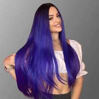 Luxe carnaval pruik lang steil haar blauw paars mix