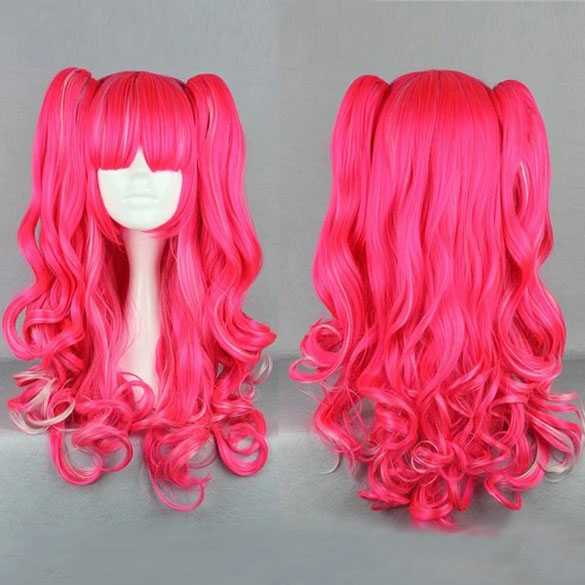 AANBIEDING Halloween Lolita krullen pruik lang haar fel roze met 2 staarten