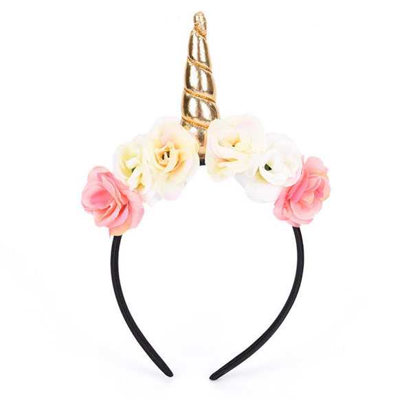 Carnaval Unicorn diadeem hoorntje goud met bloemen