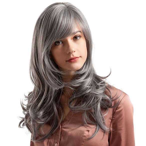 Moderne pruik lang haar in grijsmix model Aimee