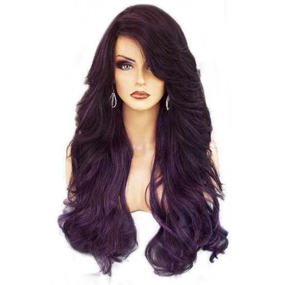 Pruik paars zwart mix lang haar met slagen model Vienna