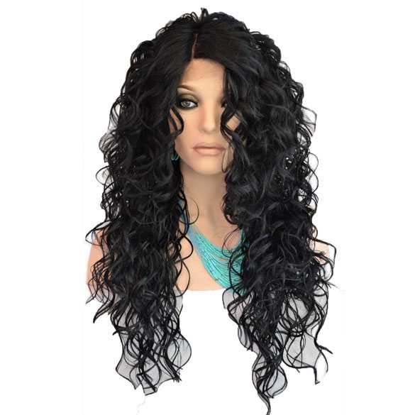 Lace pruik lang zwart krullend haar model Lacy