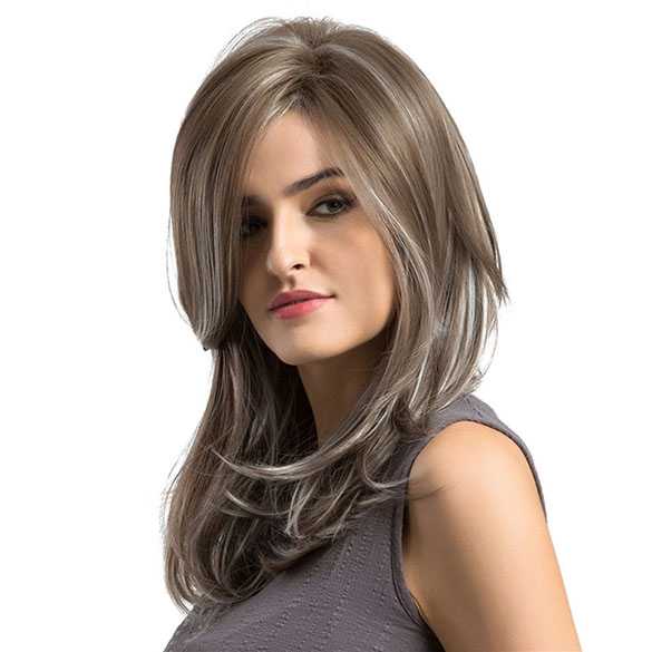 Pruik halflang steil haar met highlights model Mariska