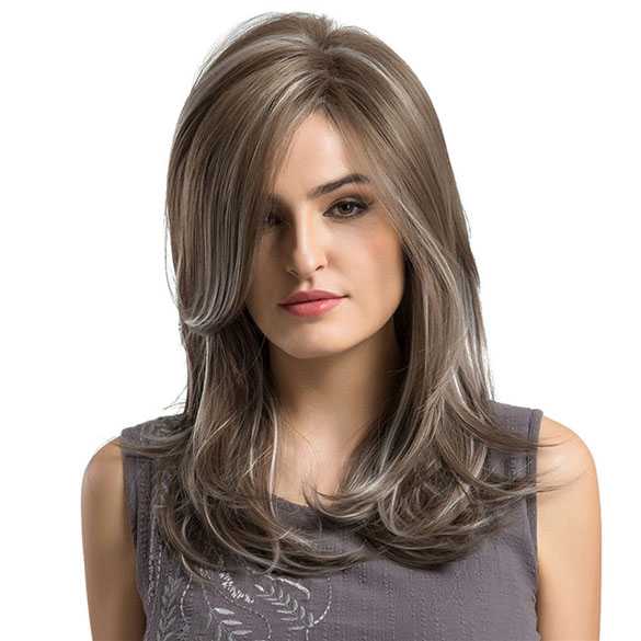Pruik halflang steil haar met highlights model Mariska
