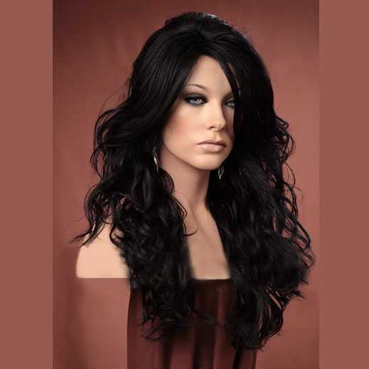 Pruik zwart lang haar met krullen model Gabby kleur 1