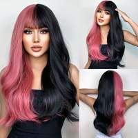 Pruik duo-color zwart koraalroze lang haar met pony