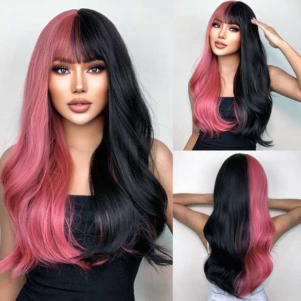 Pruik duo-color zwart koraalroze lang haar met pony
