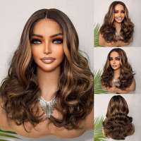 Swiss lace front pruik lang haar met slagen bruin met highlights