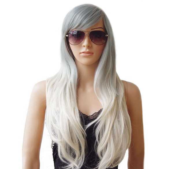 AANBIEDING : Pruik lang steil haar in lagen grijsblauw wit