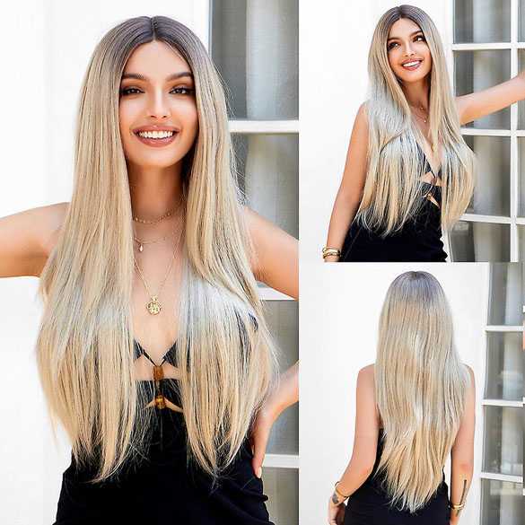Swiss lace pruik lang steil haar zonder pony model Romy