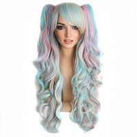 Pastel multi-color pruik lang krullend haar + 2 staarten