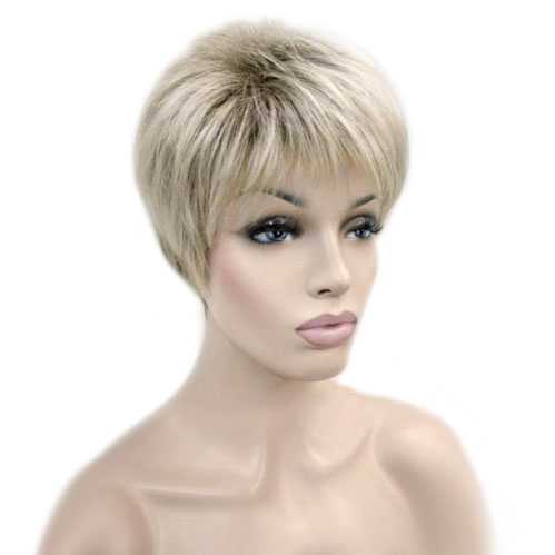 Moderne pruik kort haar in laagjes grijsblond donkere roots