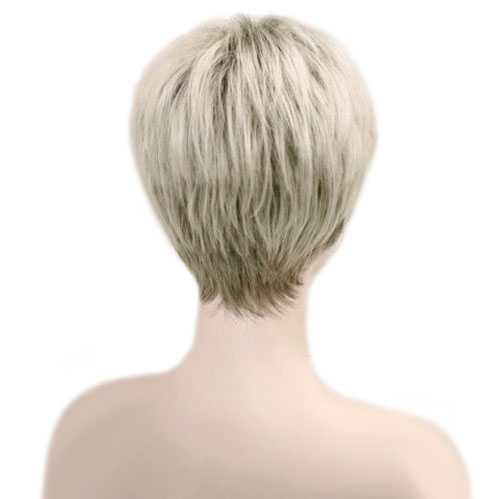 Moderne pruik kort haar in laagjes grijsblond donkere roots