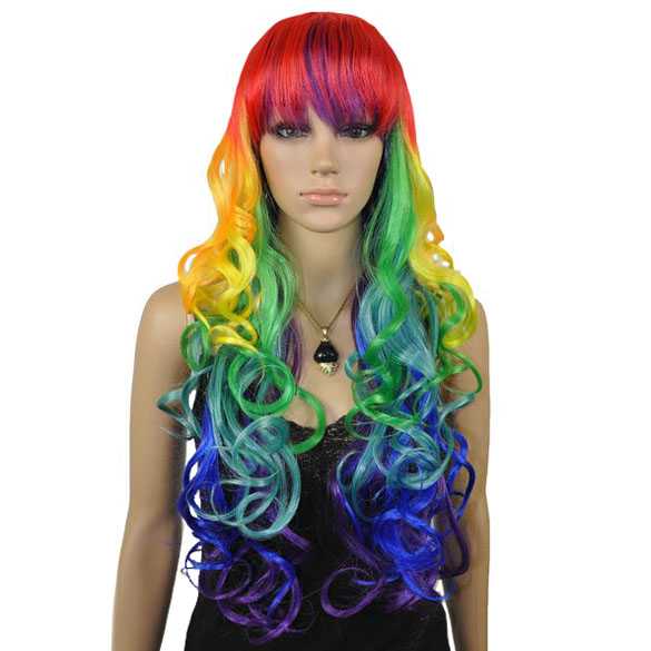 Multi Color Regenboog Pruik Lang Haar Met Krullen Mooie Multi Color Regenboog Pruik Lang Haar Met Krullen Mooie