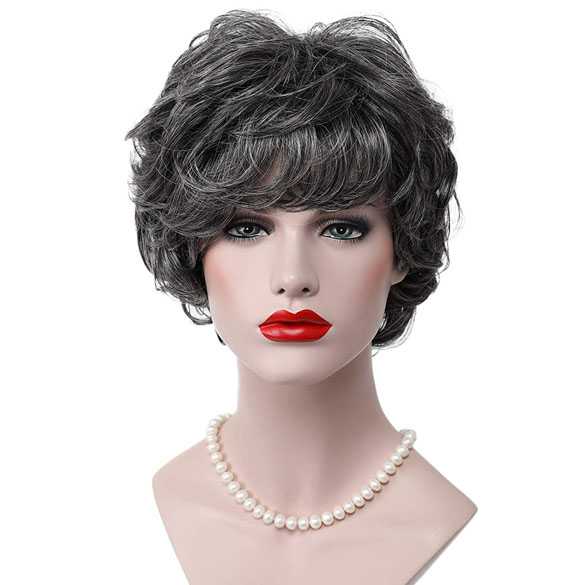 Moderne pruik kort krullend haar donkergrijs mix kleur AB009