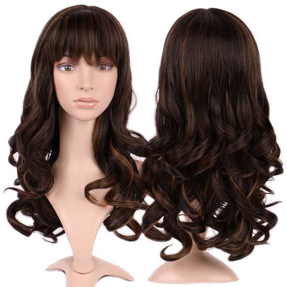Pruik lang krullend haar donkerbruin met highlights