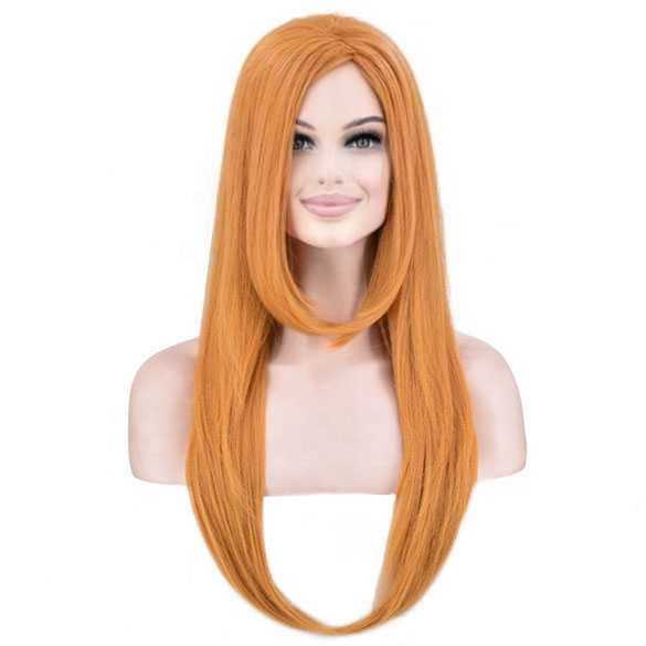 AANBIEDING : Pruik lang steil haar in lagen kleur saffraan oranje