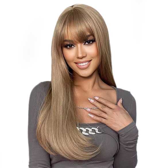 Pruik lang steil haar in laagjes honingblond model Lilou