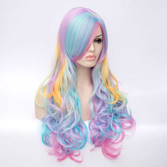 Carnaval Sorbet pastel kleuren pruik lang haar met krullen