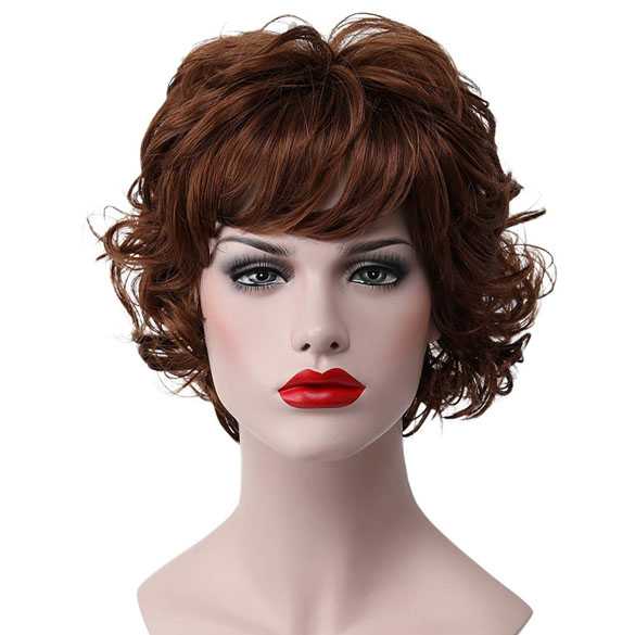 Moderne pruik kort krullend haar roodbruin kleur 30