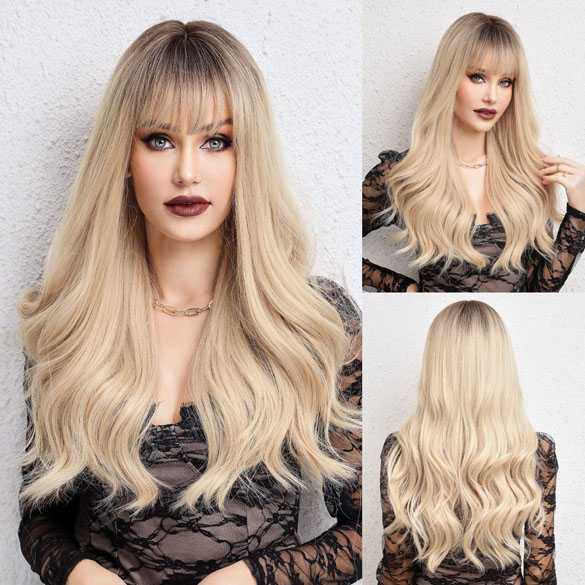 Pruik lang blond haar met grove slag en donkere roots