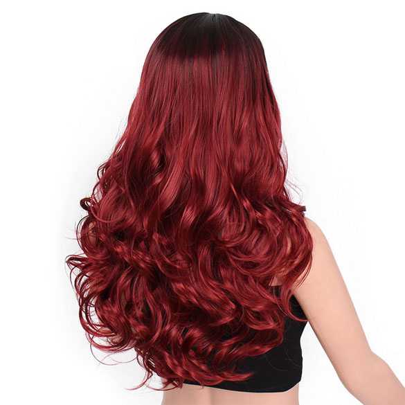 Pruik lang krullend rood haar met donkere roots