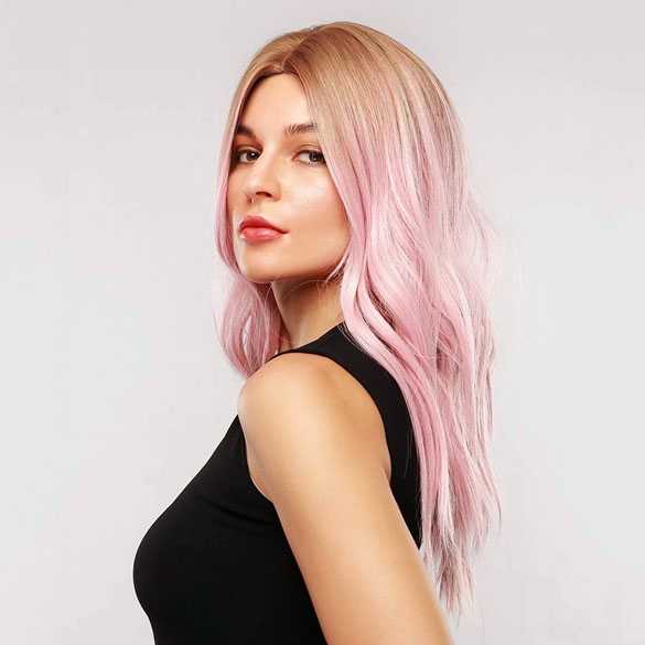 Pruik met pastel roze lang haar met grove slagen model 329-1