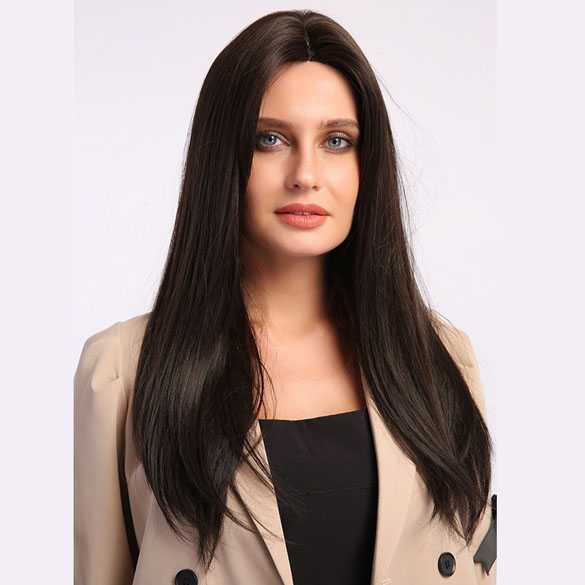 Pruik lang steil donkerbruin yaki haar zonder pony