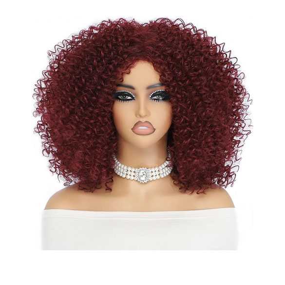 Funky Afro Pruik wijnrood met kleine spiraalkrullen schouderlang Fatia