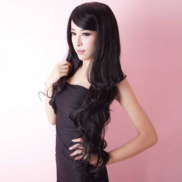 Mooie sexy pruik zeer lang zwart haar met slagen