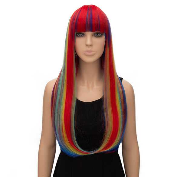 Pruik lang steil haar 80cm regenboog kleuren