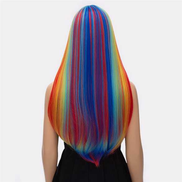 Pruik lang steil haar 80cm regenboog kleuren