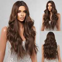 Luxe pruik lang haar in bruinmix met slagen zonder pony model 092