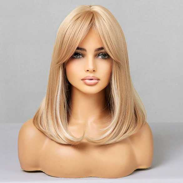 Pruik honing goudblond mix bob model met steil haar 046