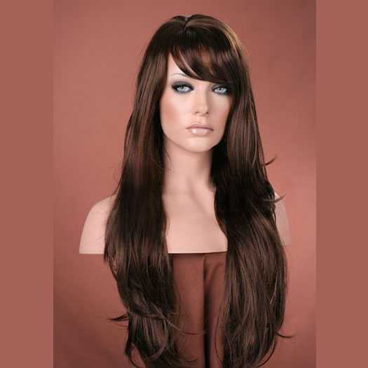 Pruik lang bruin haar met slagen model Carmen kleur 6