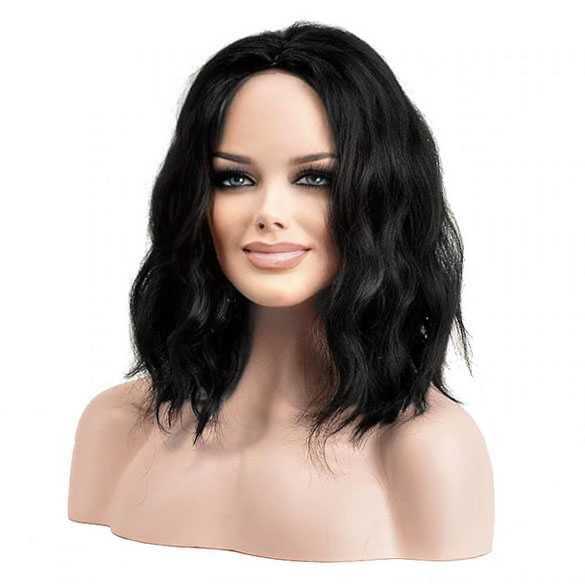 Pruik zwart schouderlang haar met wave slagen model 7004