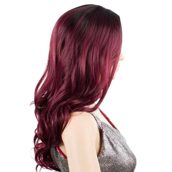 Pruik lang krullend mahonie rood haar met donkere roots