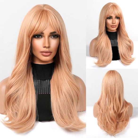 Luxe pruik mat perzik blond lang haar met slagen en pony