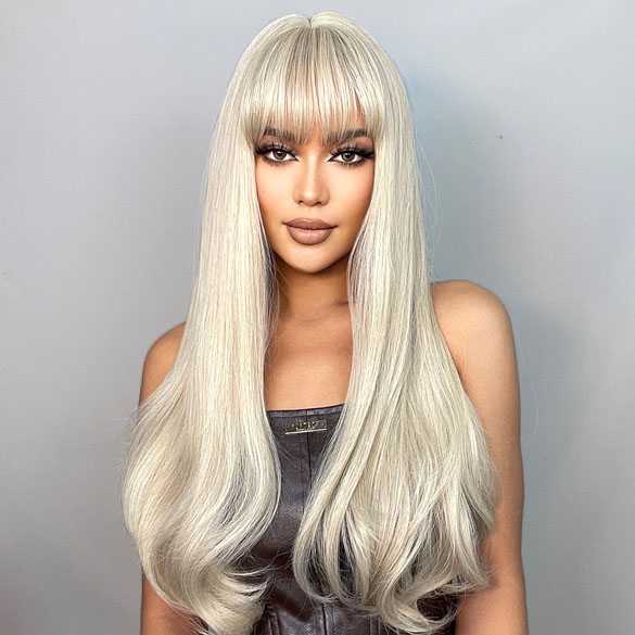 Pruik lang blond haar met rechte pony model 5038