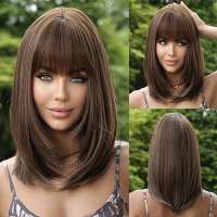 AANBIEDING Pruik halflang steil haar medium bruin met highlights